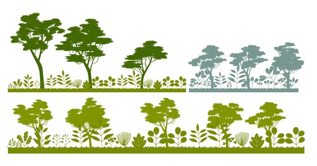 Hojas planas arbustos árboles hierba plantas silvestres dibujo a mano ilustración vectorial conjunto de elementos de la naturaleza