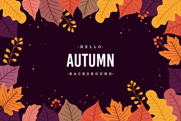 Hojas planas de otoño en el vector de fondo púrpura oscuro