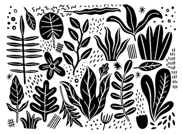 Hojas planas. Plantas tropicales aisladas sobre fondo blanco. Naturaleza floral verde simple. Fantasía de estilo minimalista.