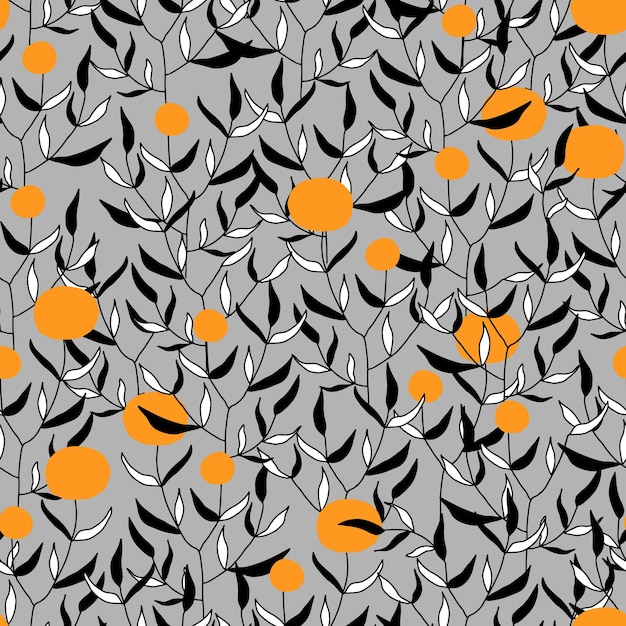 Hojas en la rama de ramitas con bayas y follaje vector de patrones sin fisuras negro blanco naranja