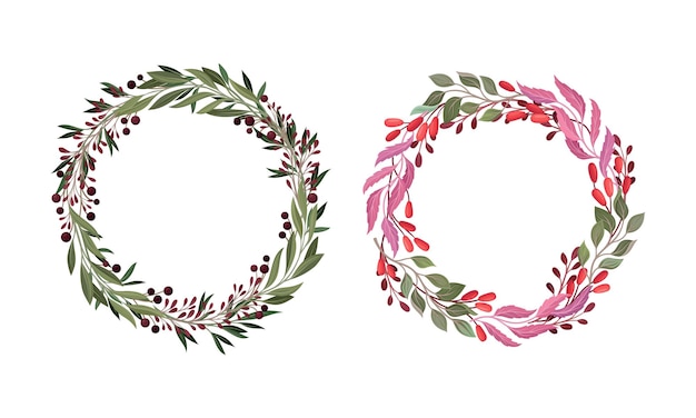 Hojas y ramas de bayas dispuestas en un conjunto vectorial de coronas florales