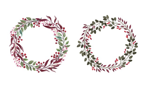 Hojas y ramas de bayas dispuestas en un conjunto vectorial de coronas florales