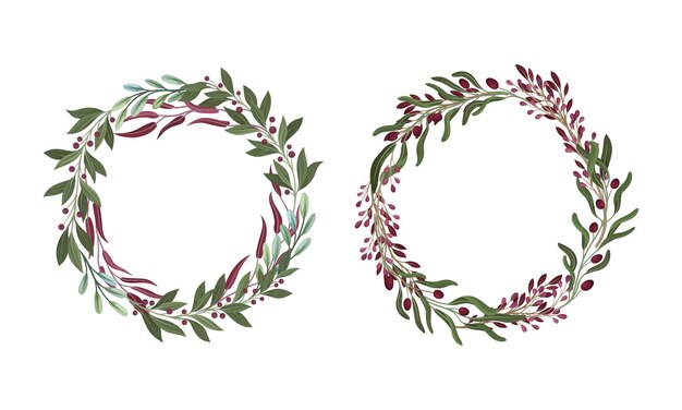 Hojas y ramas de bayas dispuestas en un conjunto vectorial de coronas florales
