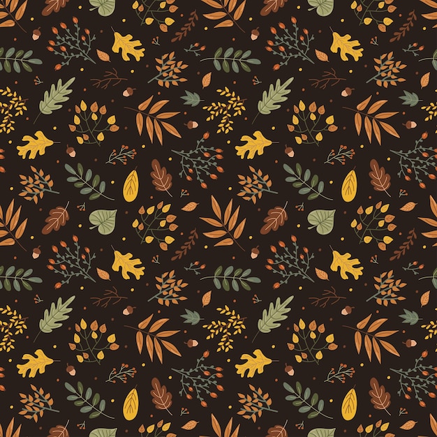 Hojas y ramas Impresión de otoño sobre un fondo oscuro Dibujo a mano Patrón simple Ilustración vectorial