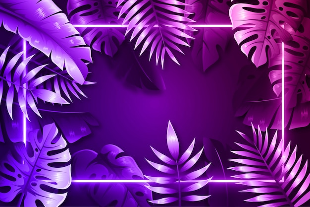 Vector hojas realistas púrpuras con marco de neón