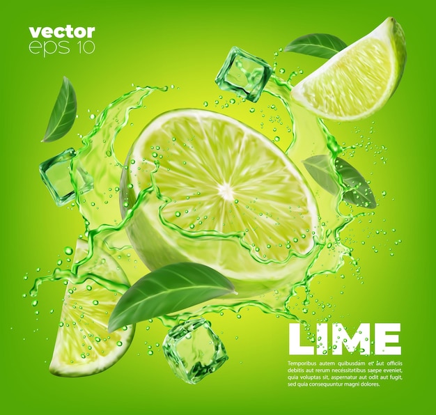 Vector hojas de rodaja de fruta de lima y salpicaduras de jugo verde