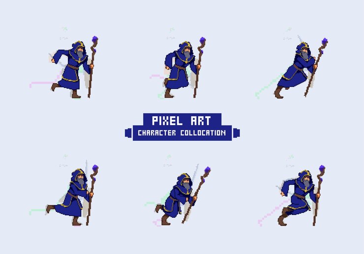 Hojas de sprites de animación y personajes de 8Bit Retro Pixel Art Wizard para juegos arcade