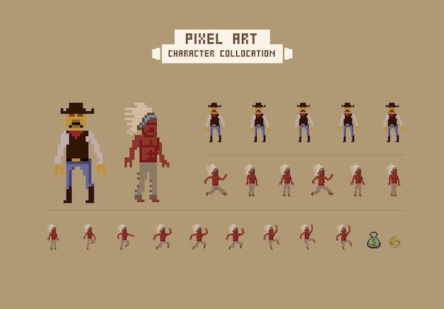 Hojas de sprites de animación y personajes de nativos americanos y vaqueros de 8 bits retro pixel art para arcade