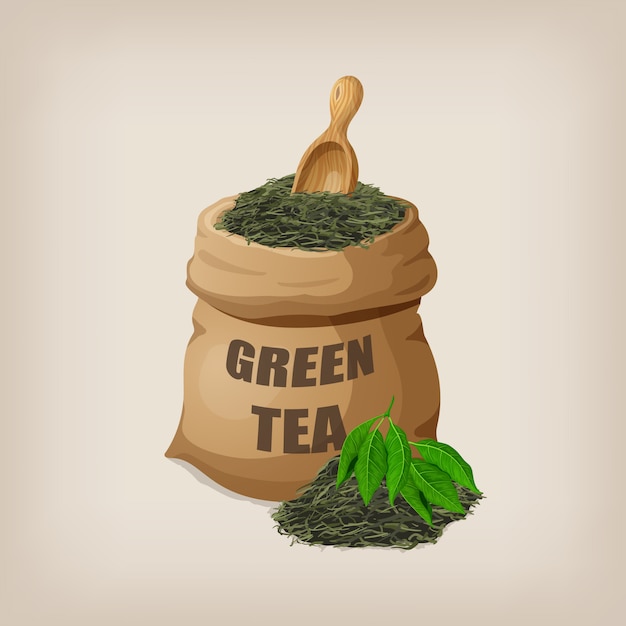 Vector hojas de té verde seco en un saco. ilustración