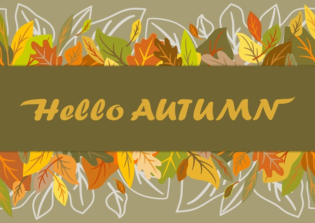 Hojas y texto de tarjetas de felicitación de otoño Frontera de plantas de hojas de otoño brillantes sobre fondo gris
