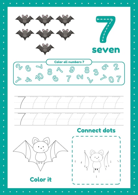 Vector hojas de trabajo de actividades para la educación de niños en edad preescolar con muchos ejercicios en una página. aprendizaje número 7 traza el color de punto a puntoxa