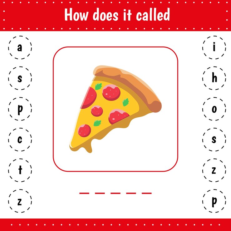 Vector hojas de trabajo educativas para niños agregar letras perdidas para la educación de niños en edad preescolar pizza