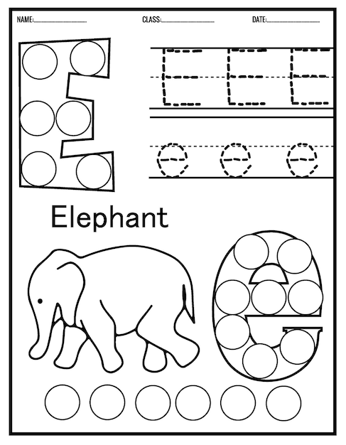 Vector hojas de trabajo de letras de rastreo de jardín de infantes traza el alfabeto y colorea un animal lindo, con marcadores de puntos.