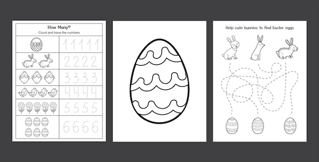 Vector hojas de trabajo de pascua con lindos conejitos y pollitos colección de páginas de actividades de primavera en blanco y negro para niños página para colorear con conejos y huevos práctica de escritura de pascua