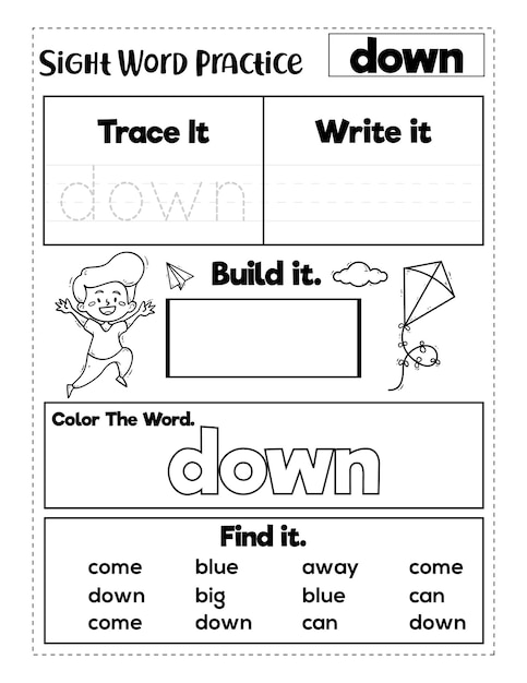 Hojas de trabajo de práctica de palabras visuales de jardín de infantes