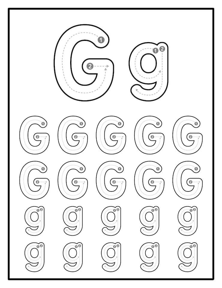 Vector hojas de trabajo de rastreo alfabético para niños con letras mayúsculas y minúsculas páginas de práctica de la letra g