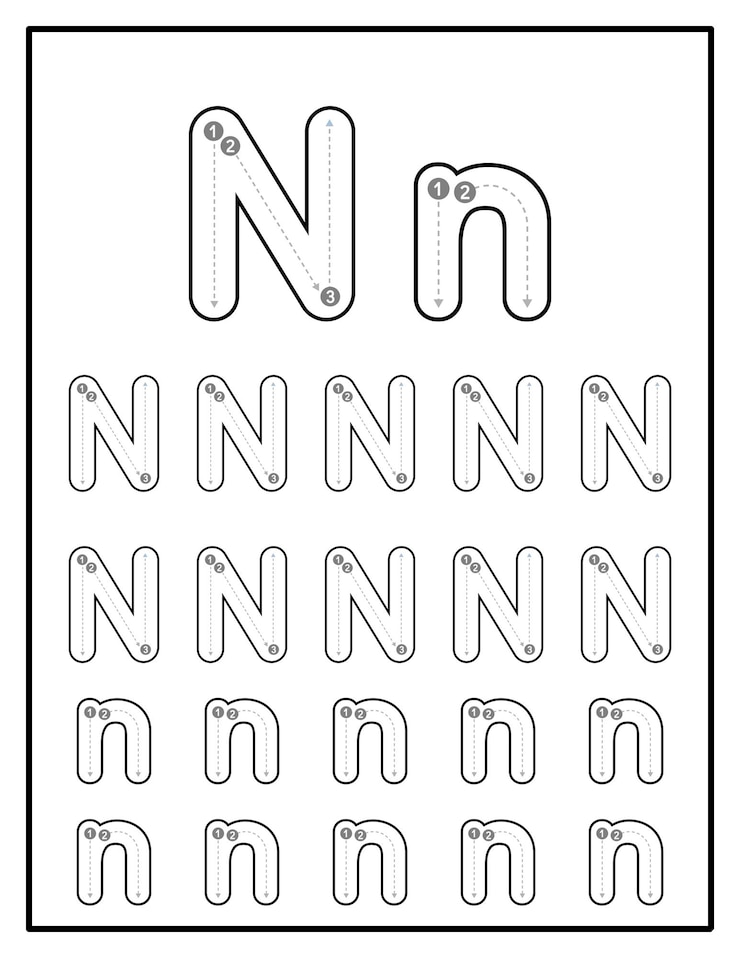 Vector hojas de trabajo de rastreo alfabético para niños con letras mayúsculas y minúsculas páginas de práctica de la letra n