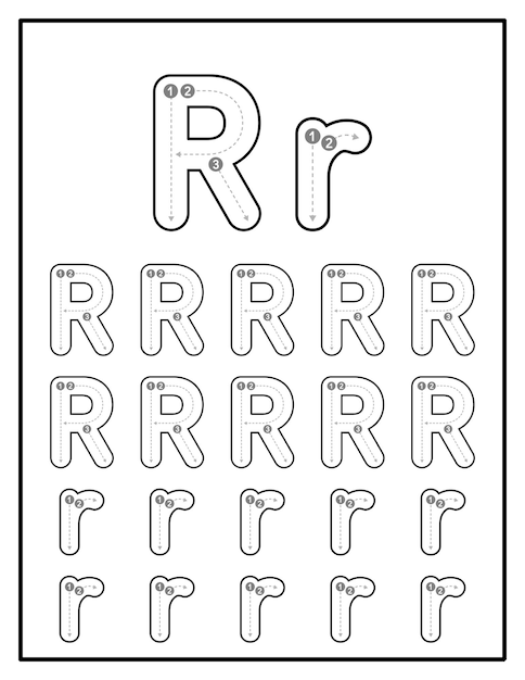 Hojas de trabajo de rastreo alfabético para niños con letras mayúsculas y minúsculas Páginas de práctica de la letra R