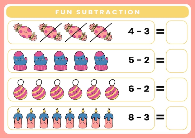 Hojas de trabajo de sustracción vectorial de jardín de infantes kawaii temático de navidad