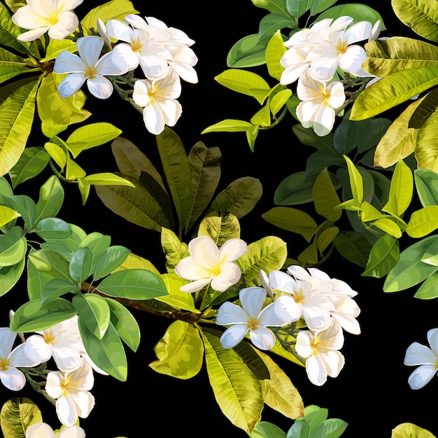 Hojas tropicales y flores de plumeria de patrones sin fisuras.