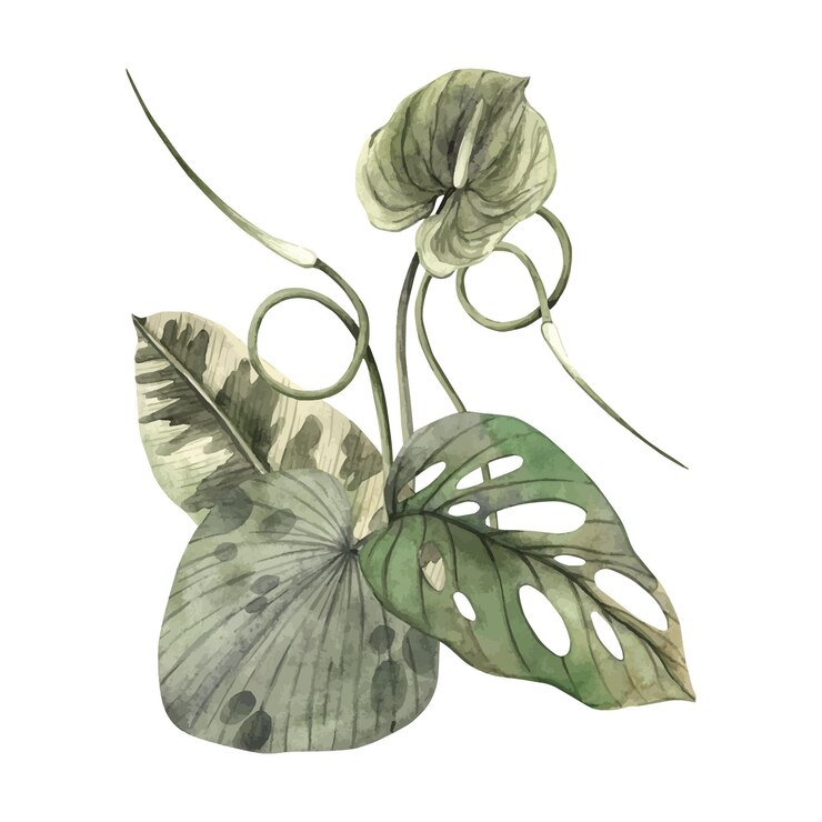 Vector hojas tropicales de monstera calathea y flor de anthurium composición de acuarela hecha a mano en estilo monocromático ilustración botánica para tarjetas de invitación bodas y vacaciones