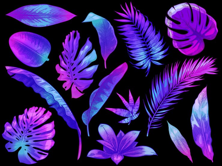 Vector hojas tropicales de neón. color de hojas de árboles y plantas exóticas, coloridas hojas de palmeras dibujadas a mano conjunto de ilustraciones.