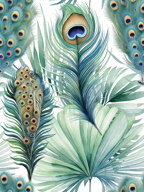 Vector hojas tropicales y plumas de pavo real con patrón de acuarela sin costuras