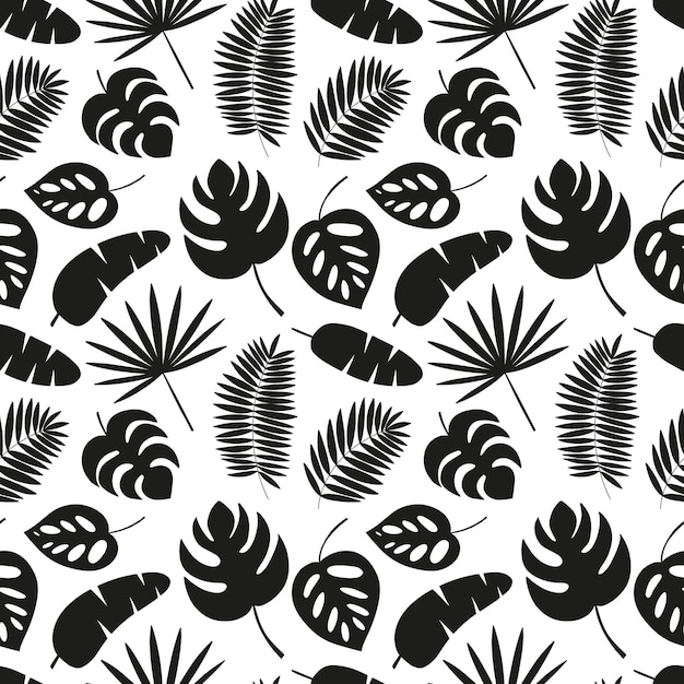 Hojas tropicales silueta negra de patrones sin fisuras Diferentes hojas tropicales exóticas sobre fondo blanco Hoja de Monstera y hoja de plátano