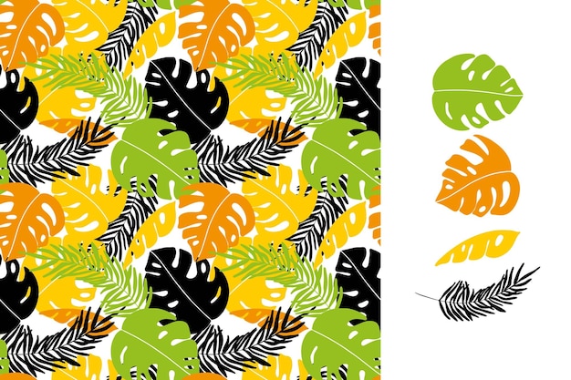 Hojas tropicales vector patrón sin costuras Monstera y hojas de palma colorido adorno para diseño textil