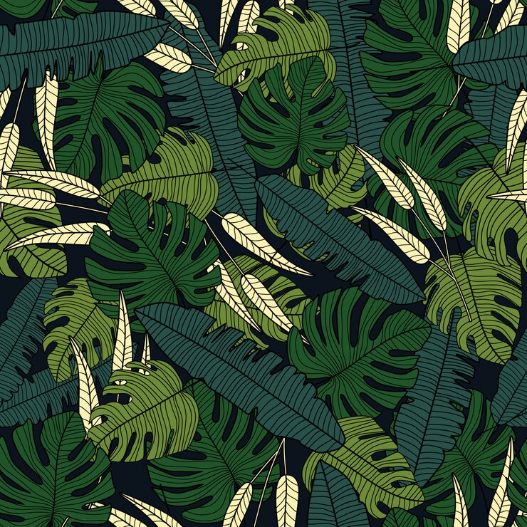 Vector hojas tropicales vector de patrones sin fisuras sobre fondo negro.