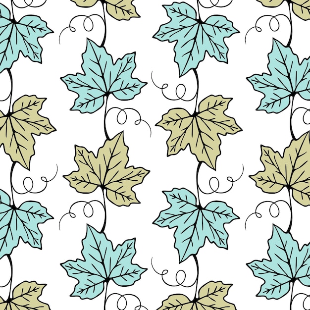 Hojas de uva con patrón azul y verde colores pastel vid sobre fondo blanco