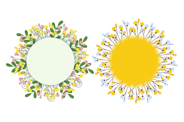 Hojas verdes, flores, ramas y flores, marcos circulares, conjunto de plantillas de saludos de primavera, espacio de copia.