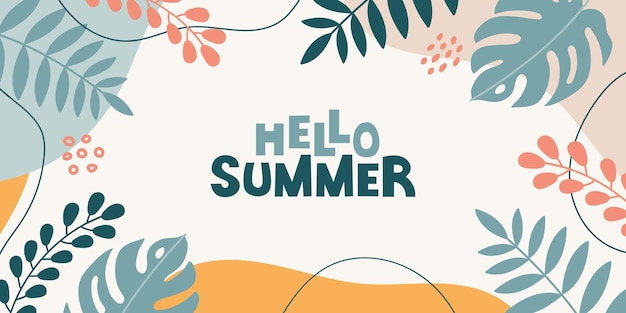 Hola banner colorido de verano con flores de hojas tropicales y letras