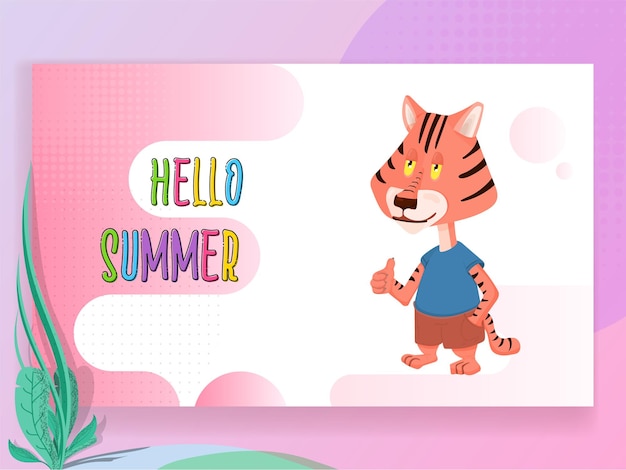 Hola banner festivo colorido de verano con personaje de dibujos animados
