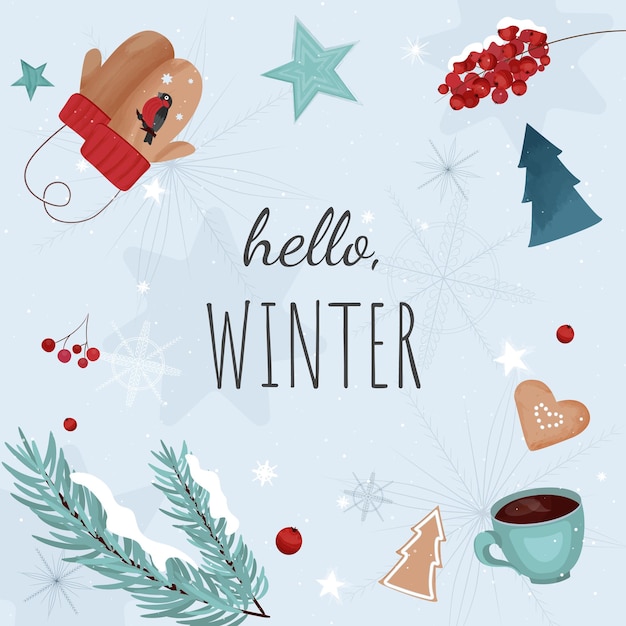 Vector hola banner de invierno con mitones copos de nieve bayas y taza de café fondo de invierno