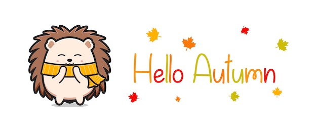 Hola banner de otoño con ilustración de icono de dibujos animados lindo doodle de erizo