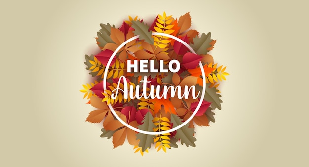 Hola banner de otoño en marco redondo con follaje de hojas de otoño sobre un fondo claro