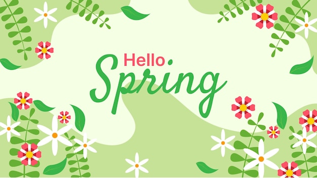 Hola banner de primavera con flores planas y hojas ilustración diseño de fondo estacional