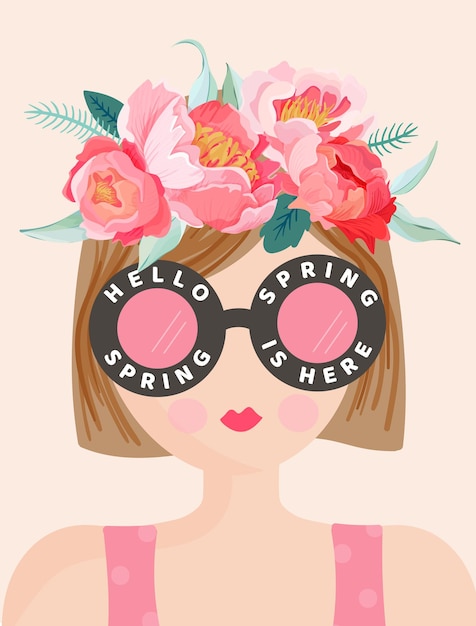 Hola Banner romántico de primavera con chicas lindas y flores. Diseño floral de primavera con mujer hermosa en anteojos de moda para cartel, folleto, tarjeta. Ilustración vectorial