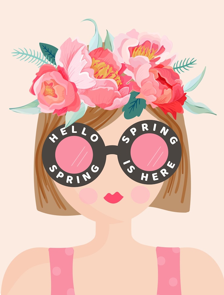 Vector hola banner romántico de primavera con chicas lindas y flores. diseño floral de primavera con mujer hermosa en anteojos de moda para cartel, folleto, tarjeta. ilustración vectorial
