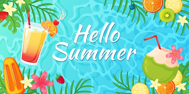 Hola banner de vacaciones de vacaciones de verano con frutas tropicales, cóctel de flores, helado, hojas de palma