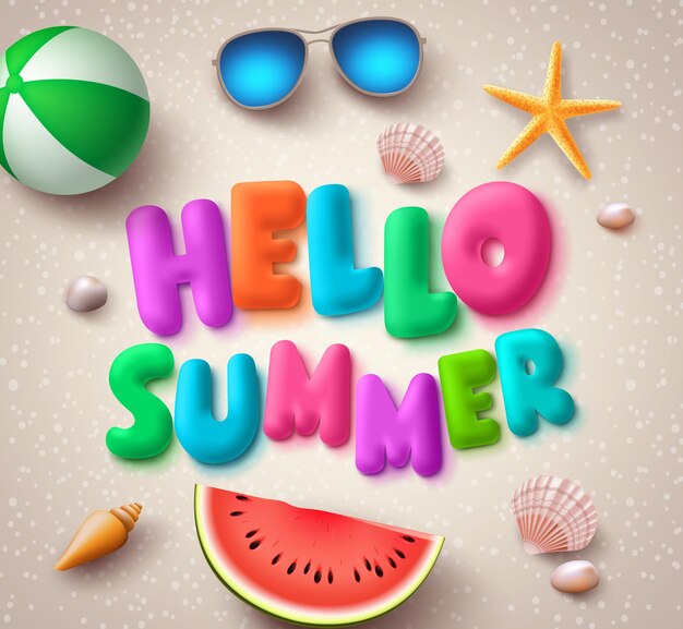 Hola banner de vector de texto colorido de verano en la playa con elementos como gafas de sol conchas de mar