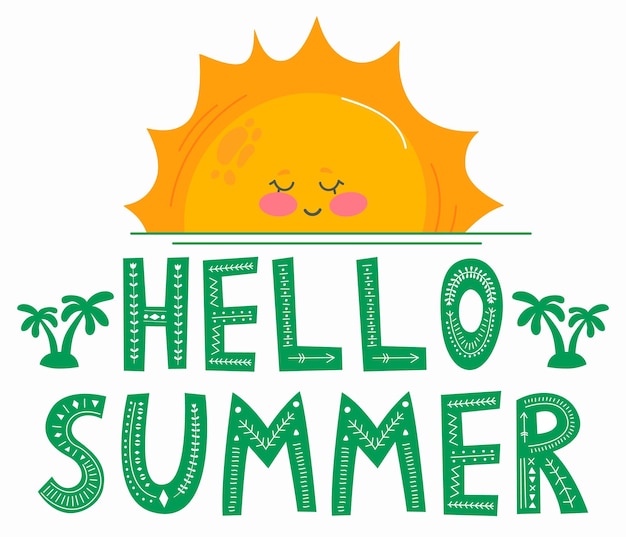 Hola banner de verano Cartel tipográfico con sol y letras Diseño soleado para fiesta en la playa colección de verano ropa contenido de redes sociales
