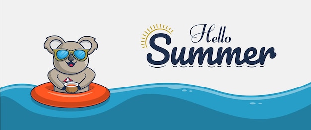 Hola banner de verano con diseño de personajes de ilustración de Koala