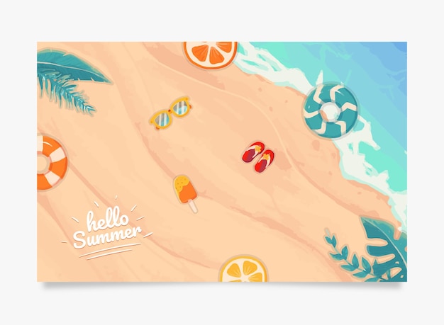 Hola banner de verano en la hermosa playa y fondo de arena con boya y frutas