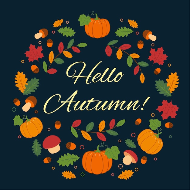 Hola calabazas de otoño hojas setas bajo bg negro