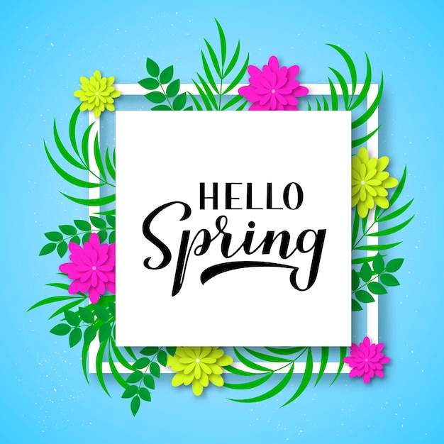 Hola, caligrafía de primavera, letras con vegetación y flores, citas de temporada inspiradoras, carteles tipográficos, plantillas vectoriales fáciles de editar para pancartas, volantes, pegatinas, camisetas, postales, etc.