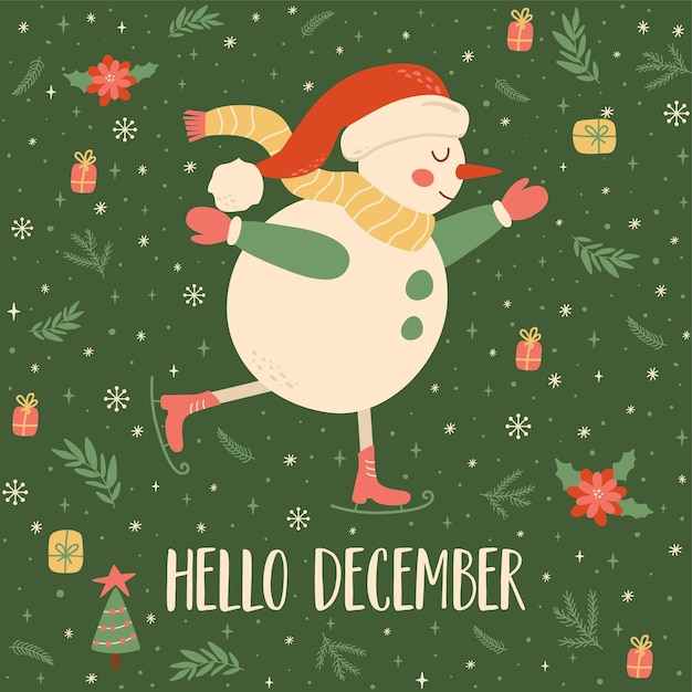 Hola carta de diciembre El personaje lindo del muñeco de nieve dice hola en la tarjeta de felicitación vectorial Tarjeta de feliz Navidad dibujada a mano Ilustración de año nuevo Tipografía de meses de cotización de diciembre Muñeco de nieve infantil