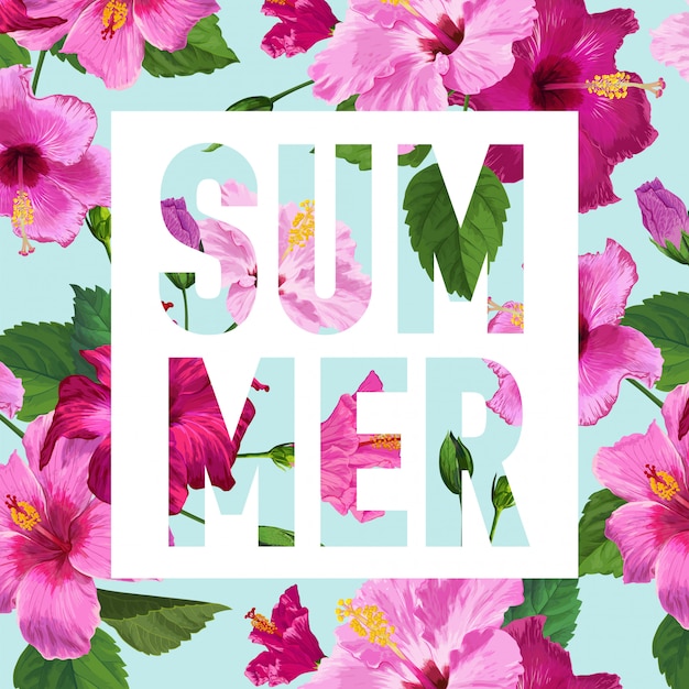 Vector hola cartel de verano. diseño floral con flores de hibisco púrpura para camiseta