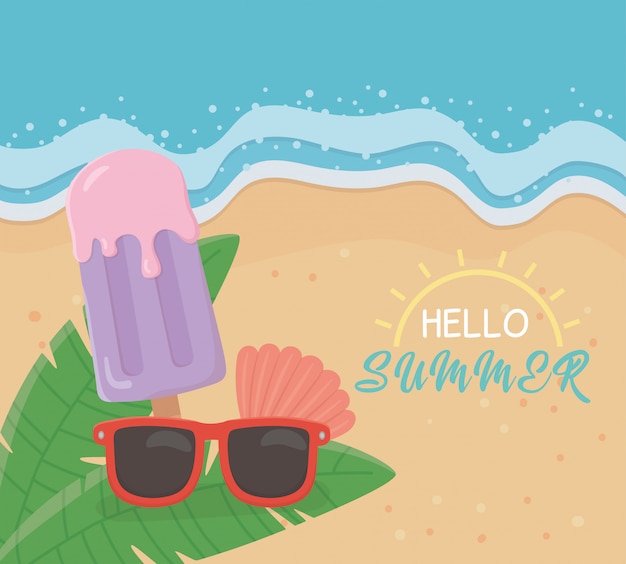 Hola cartel de verano con escena de playa y helado.